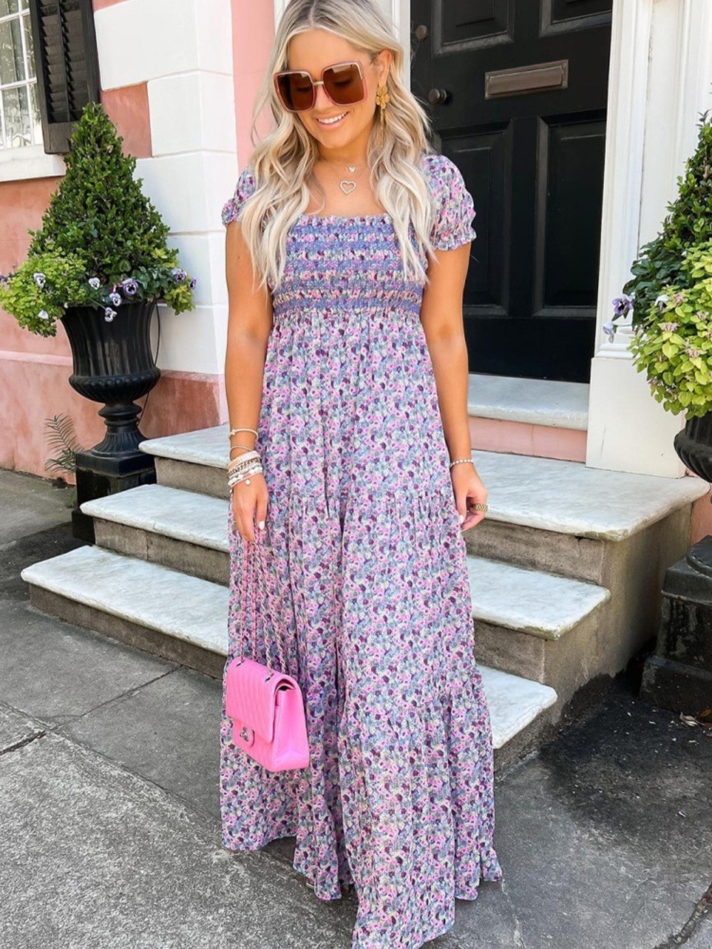 Smocked Square-Neck Floral Maxi Dress in Lavender